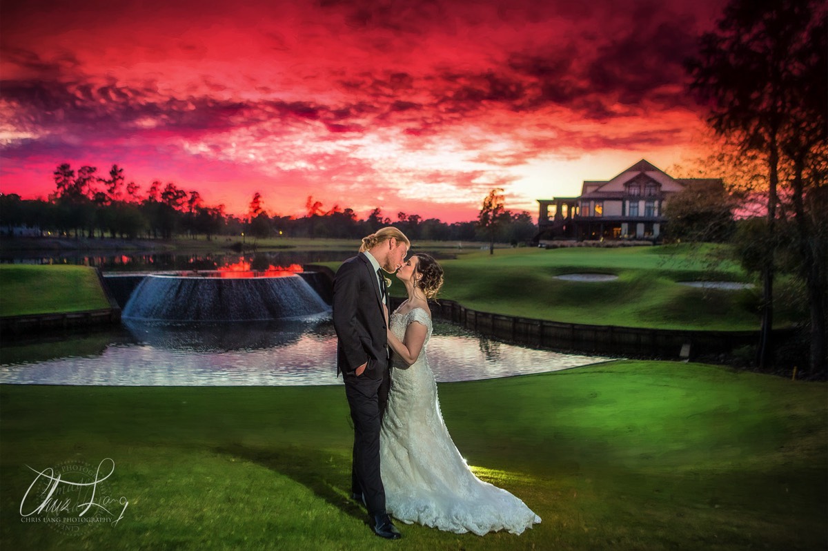 Bride & groom  in front of waterfall - sunset wedding photo