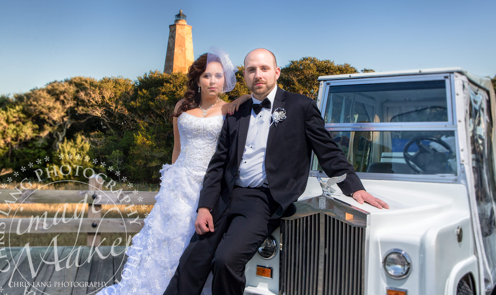 Bald Head Island Weddign Photography - immage of bride and groom with rolls royce golf cart on Bald Head Island 
