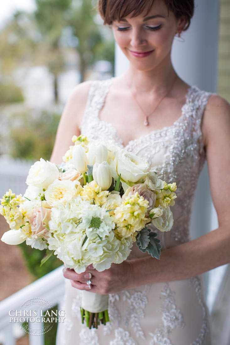 Image of bride on Bald Head Island NC - Bridal Boquet - wedding dress - wedding ideas