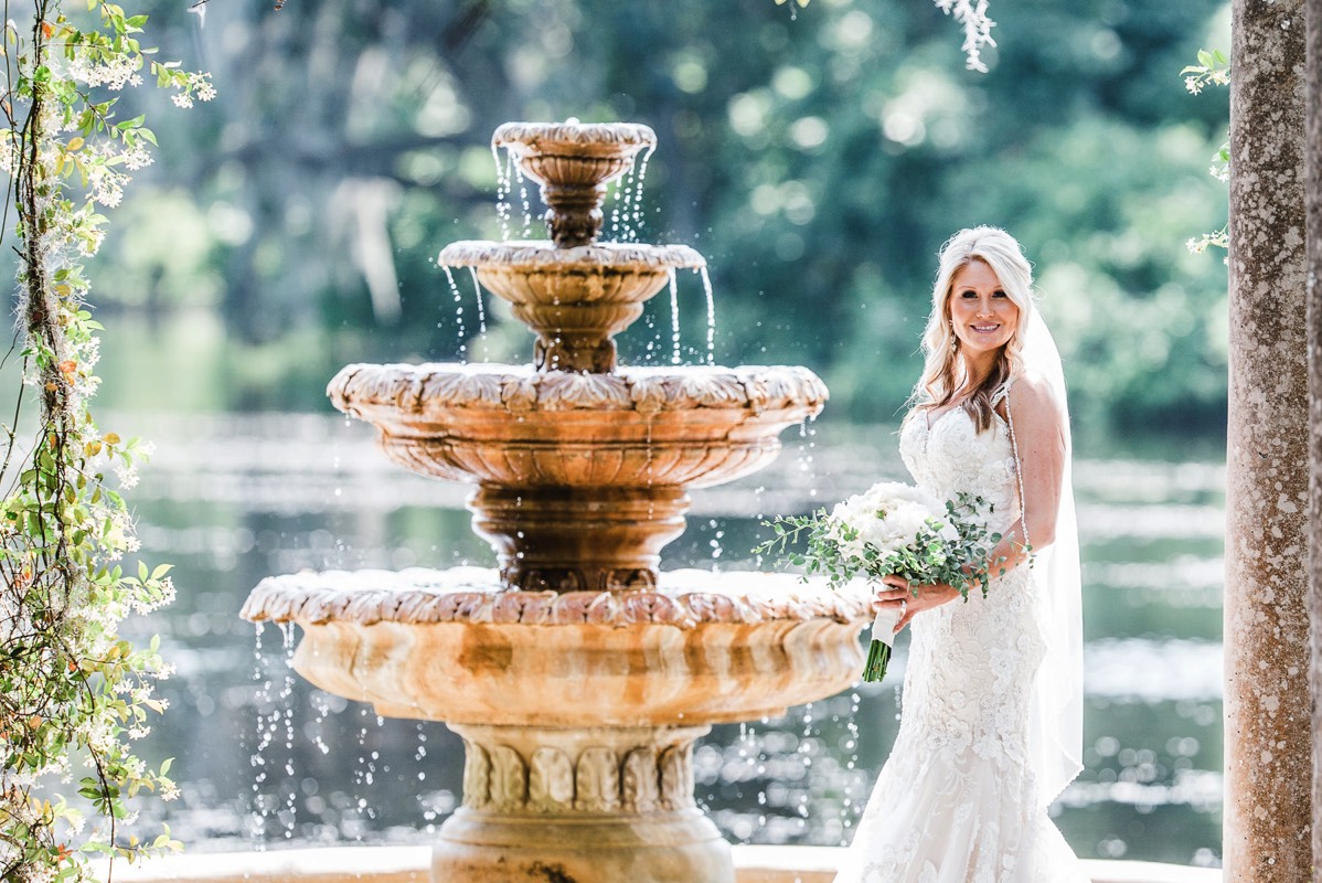 Airlie Gardens - Fountain - Pergola - bridal portrait photography - bridal portraits - bride - wedding dress - ideas - wilmington nc -