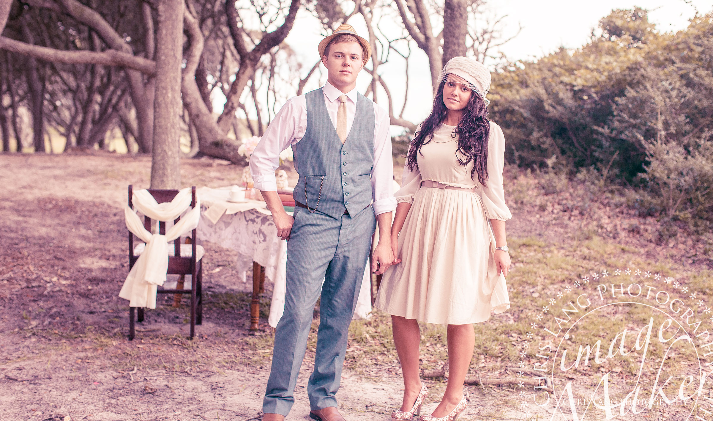 A vintage style engagment picture of a couple wearing retro attire. Engagment picture ideas and inspiration.