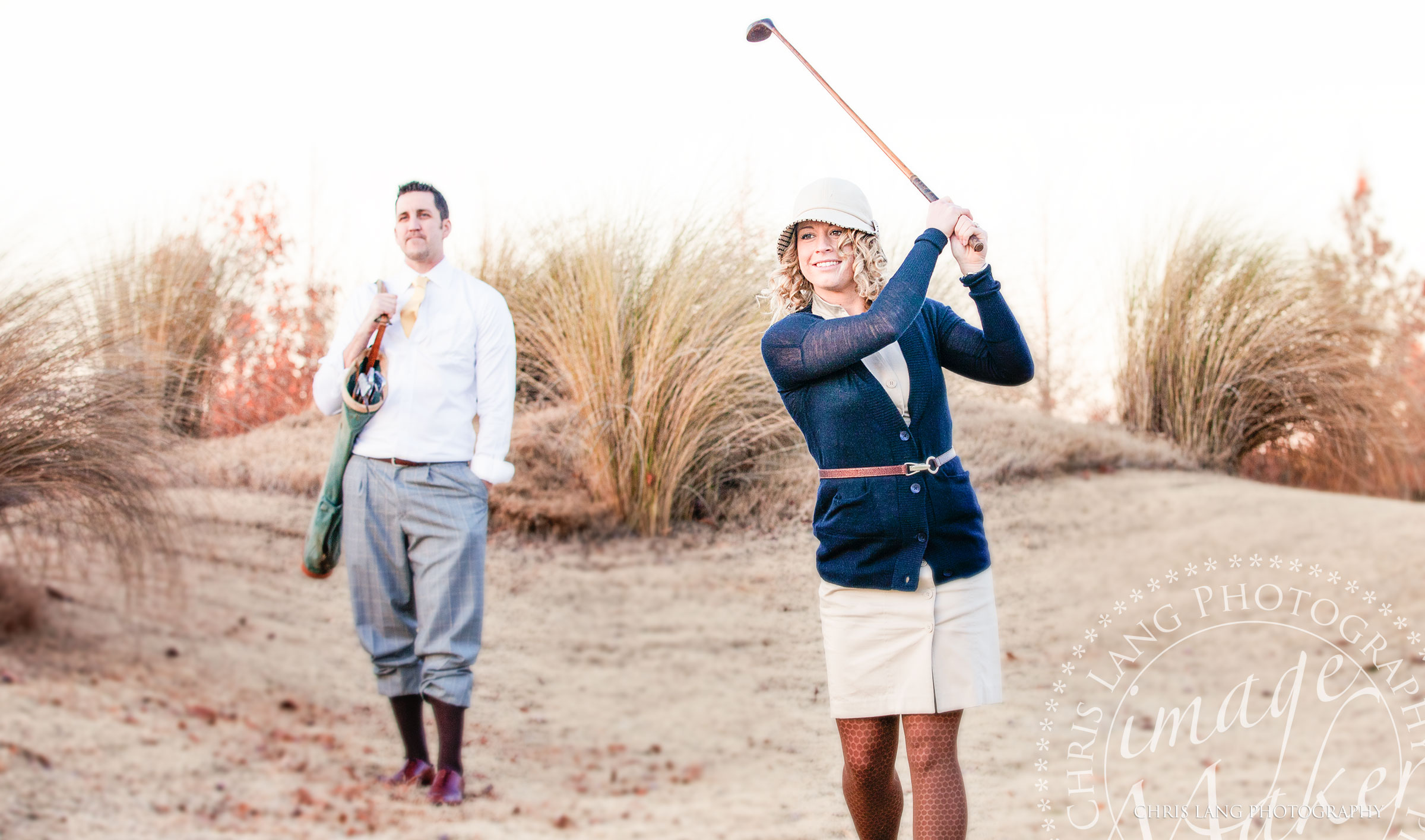 RIver Landing Engagement Photography - Stylyzed vintage golf engagement session
