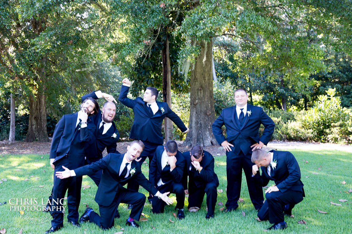 funny groomsman photo - airlie gardens - wilmington nc - bridesmaids - groomsman - bridal party photography - bride- groom - bridal party photo ideas - 