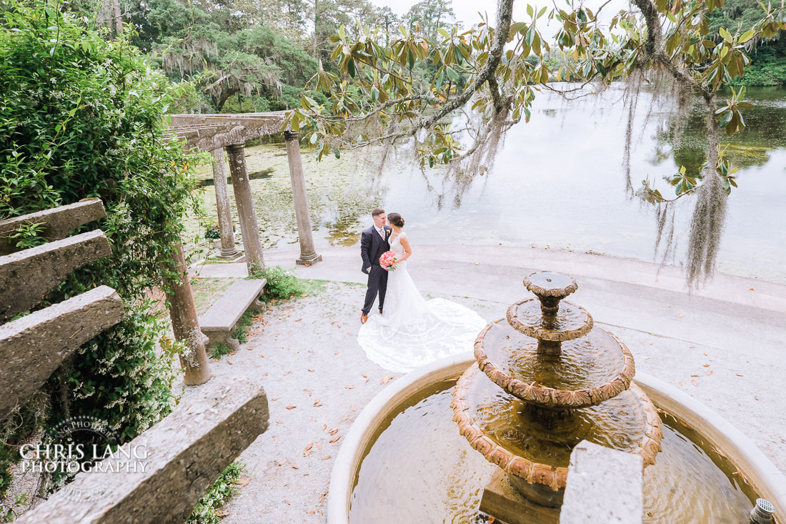 The fountain at Airlie Gardens - Bride - Groom-natural light wedding photo - wedding photography ideas - Wilmington NC Wedding Photography